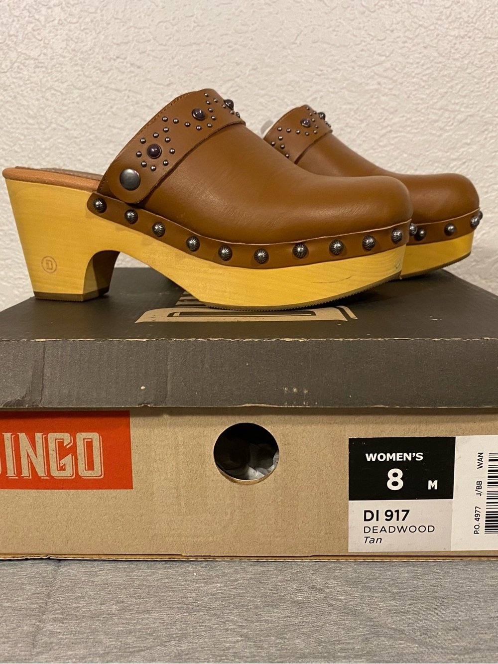 dingo Deadwood Tan Studded Leather Clogs